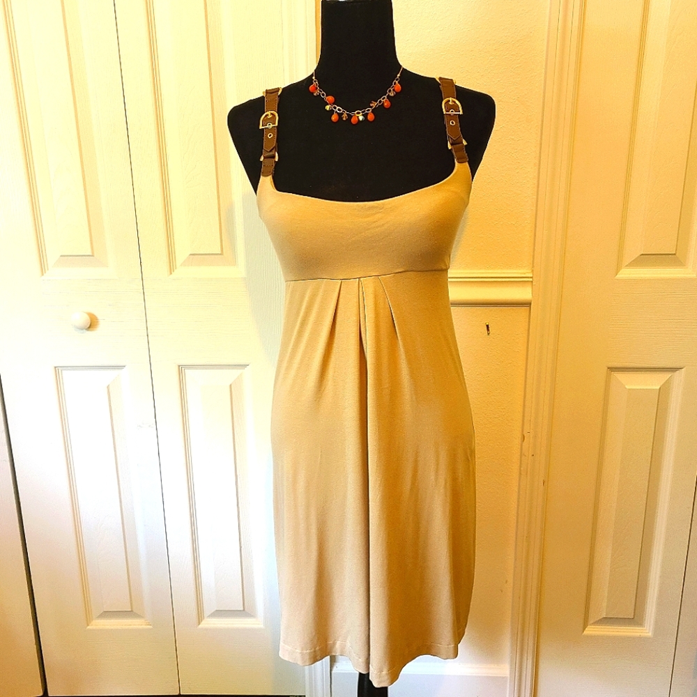 Cache Summer dress w/leather shoulder straps sz S